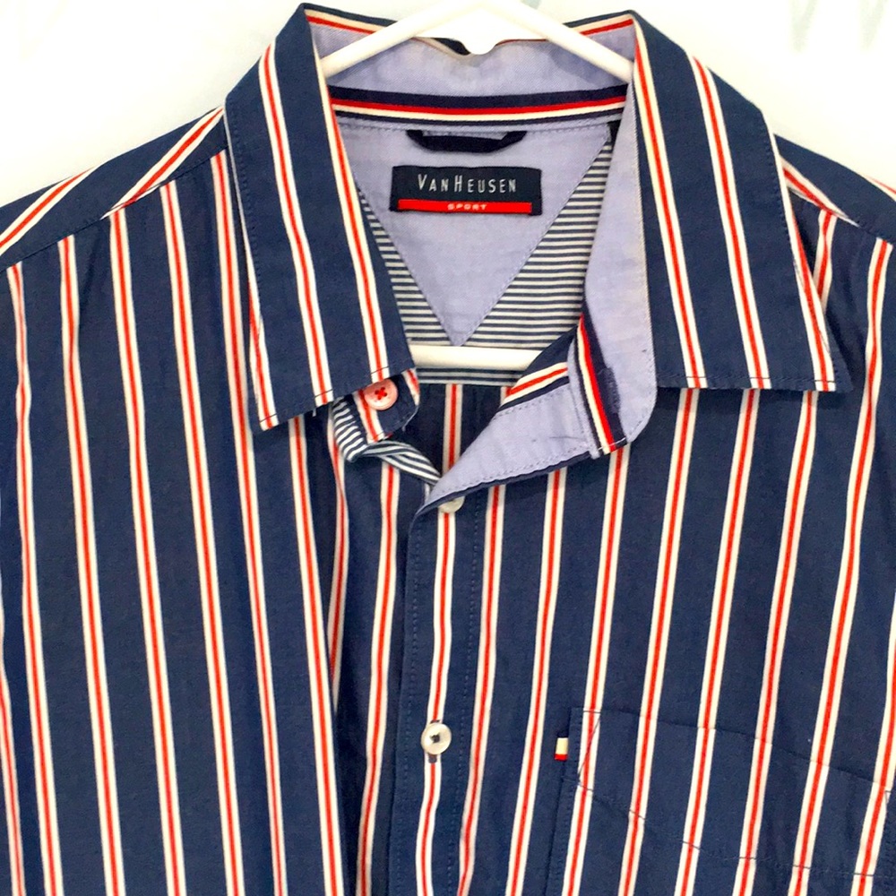 Van Heusen navy blue red white stripe mens long sleeve shirt. EUC.